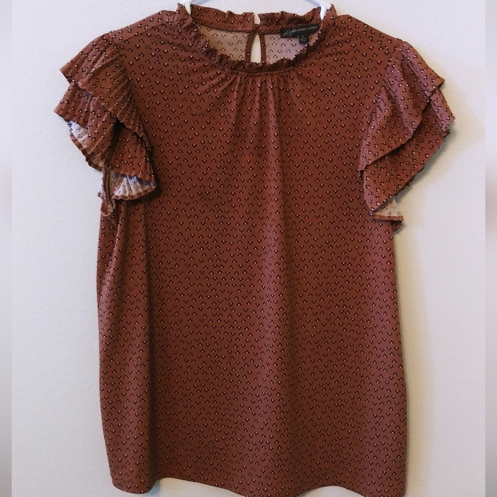 Adrianna Papell Blouse Dark Dusty Mauve with black _ White Design Size M